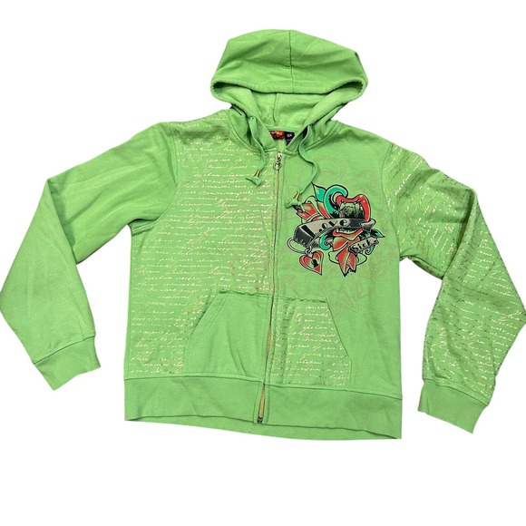 Love Sick Tops - Y2K Cyber Grunge Lime Green Zip Up Ed Hardy Style Love Sick Size